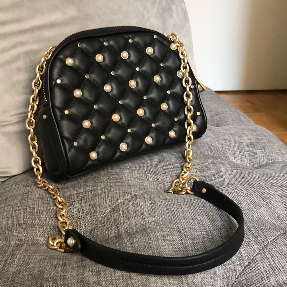 Black Quilted Crossbody with Pearl Embellishments
